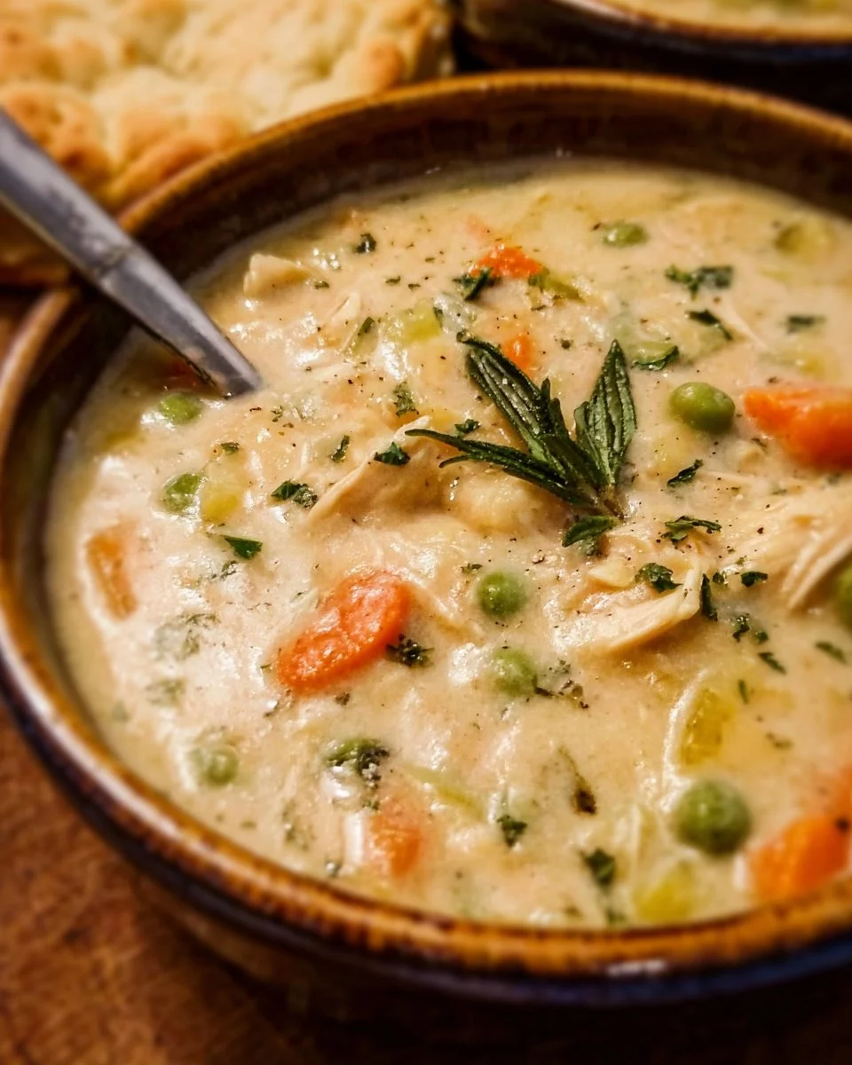 Bowl of Chicken Pot Pie Soup with vegetables and flaky crust