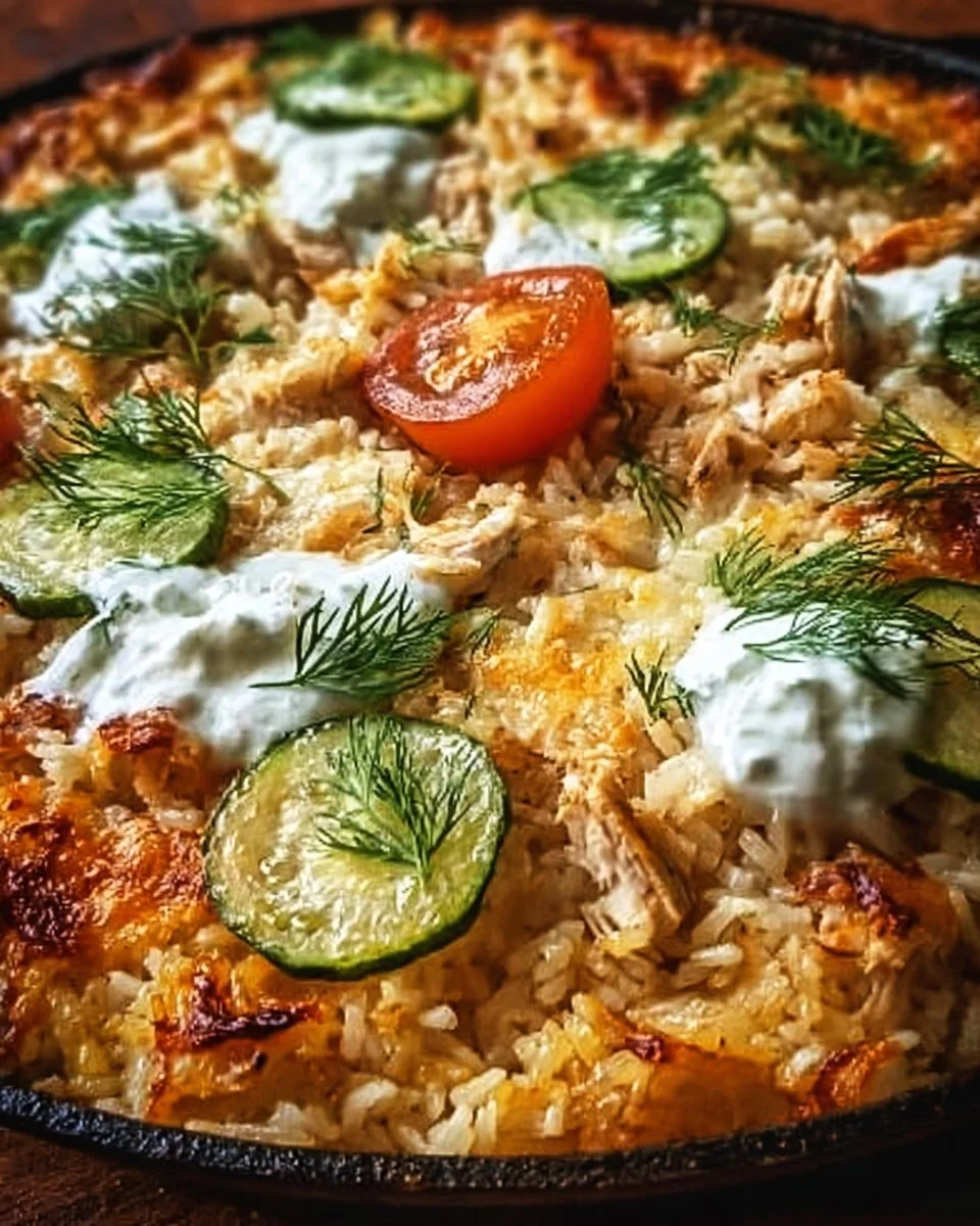 Delicious Chicken Tzatziki Rice Bake with chicken, rice, and tzatziki sauce