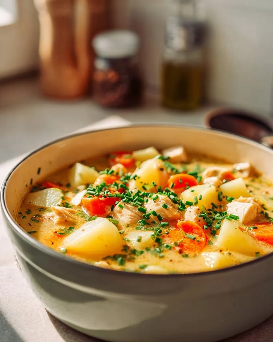 Bowl of classic chicken potato soup garnished with herbs