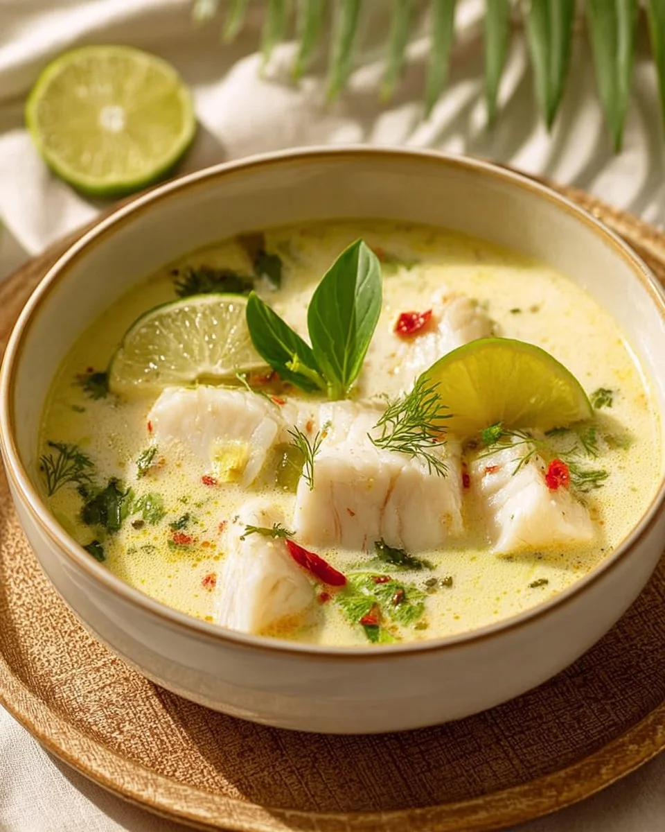 Bowl of Coconut Lime Fish Soup with fresh ingredients garnished with lime