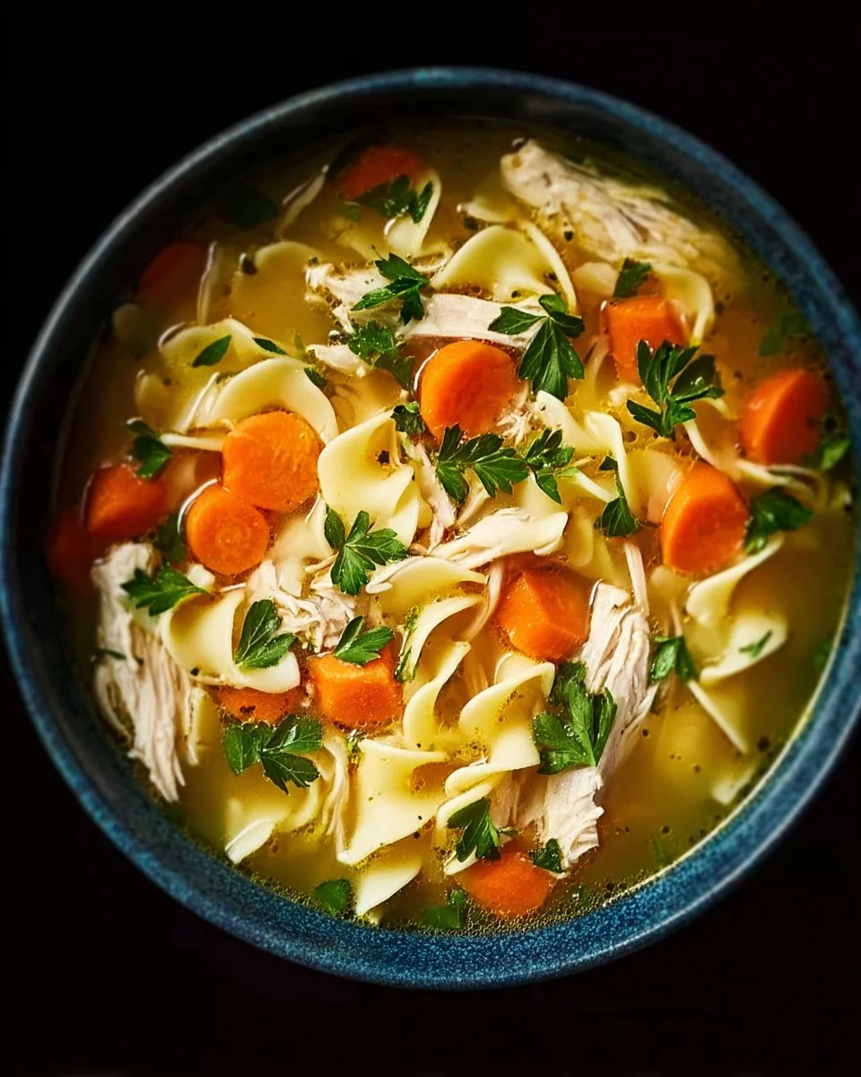 Bowl of comforting chicken noodle soup with fresh herbs and vegetables