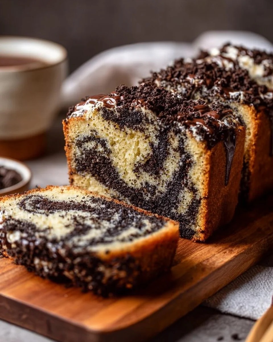 Slice of Cookies & Cream Pound Cake topped with cookie crumbles and cream frosting