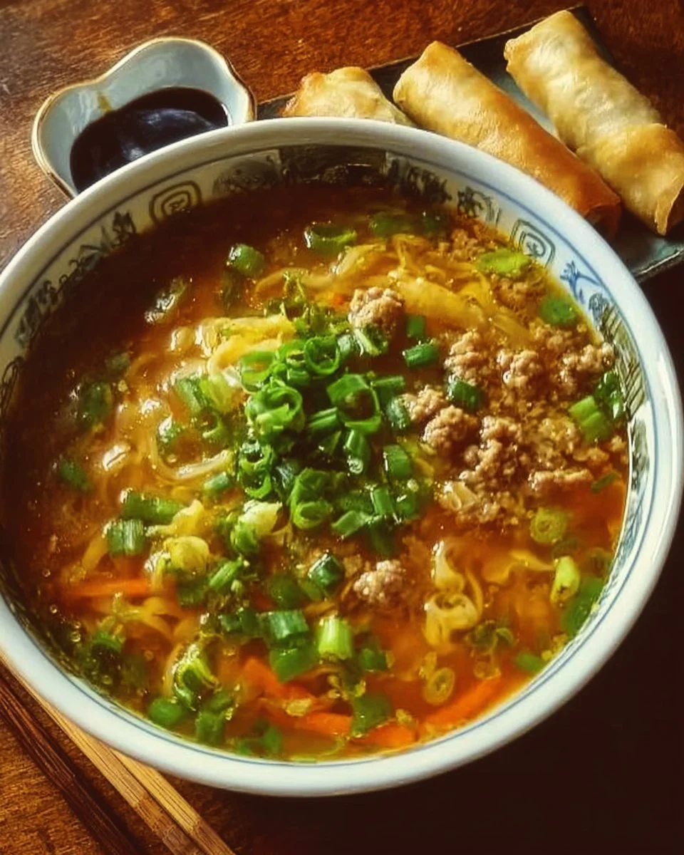 Cozy one-pot egg roll soup featuring green onions and ginger
