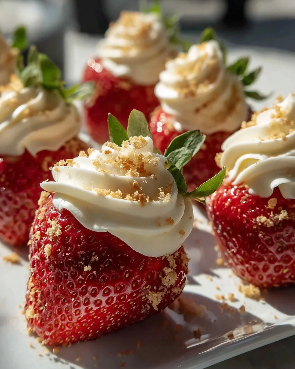 Delicious creamy deviled strawberries topped with vibrant garnish