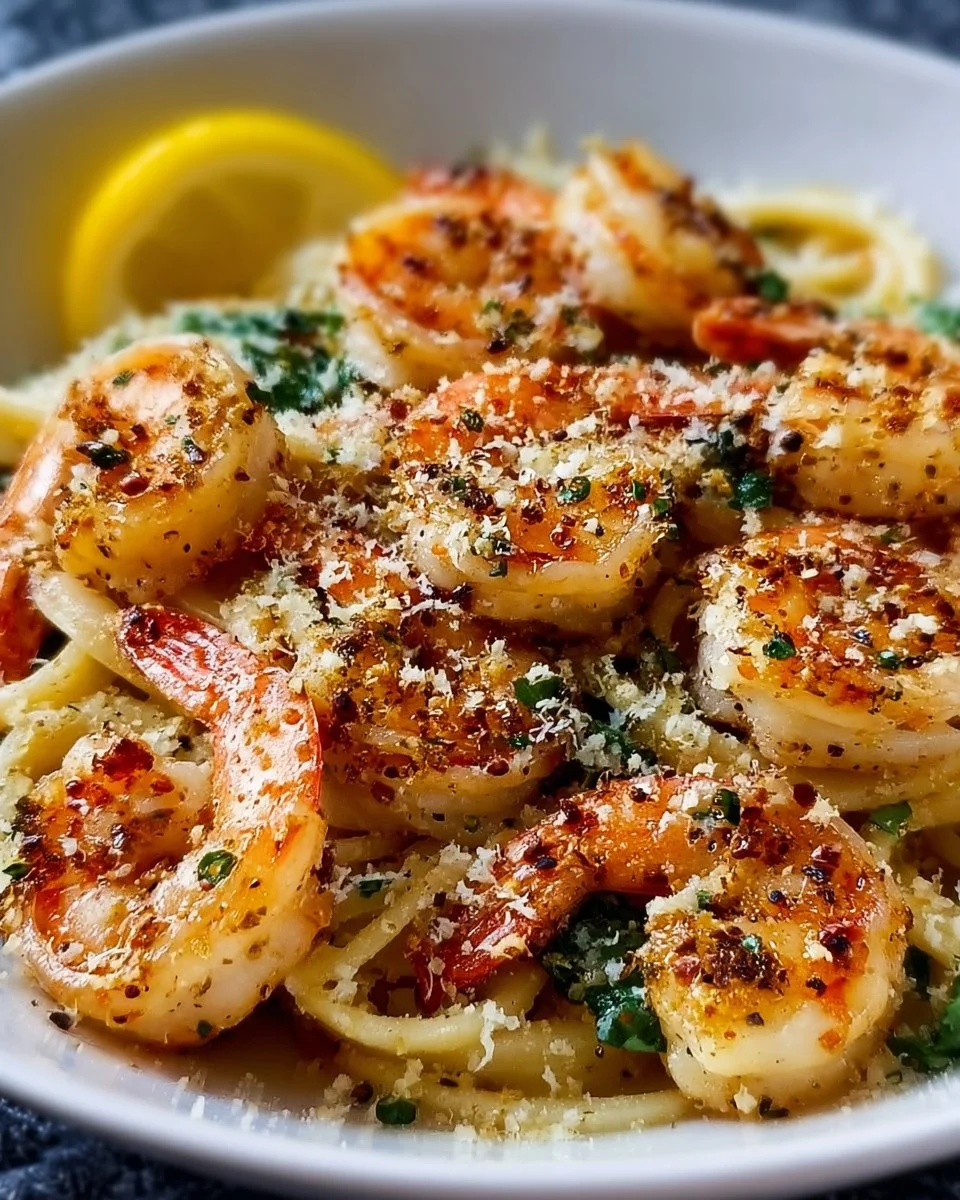 Delicious creamy garlic parmesan shrimp pasta served in a bowl
