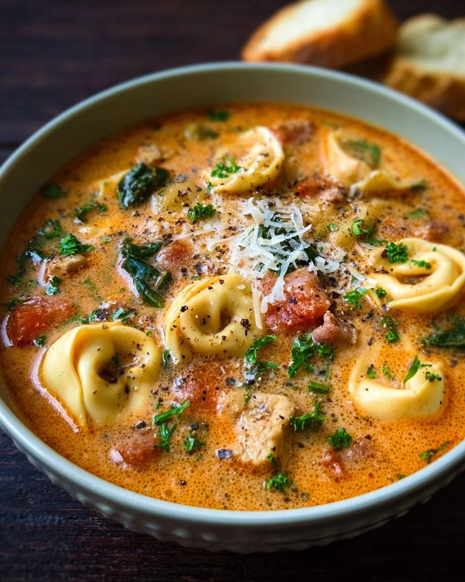 Bowl of creamy tortellini soup garnished with herbs and cheese