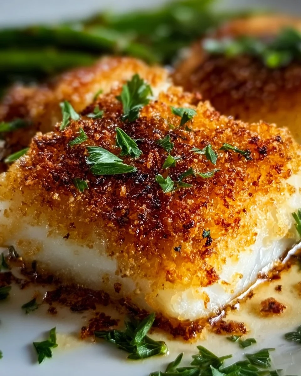 Crispy Air Fryer Parmesan Cod served on a plate with fresh herbs