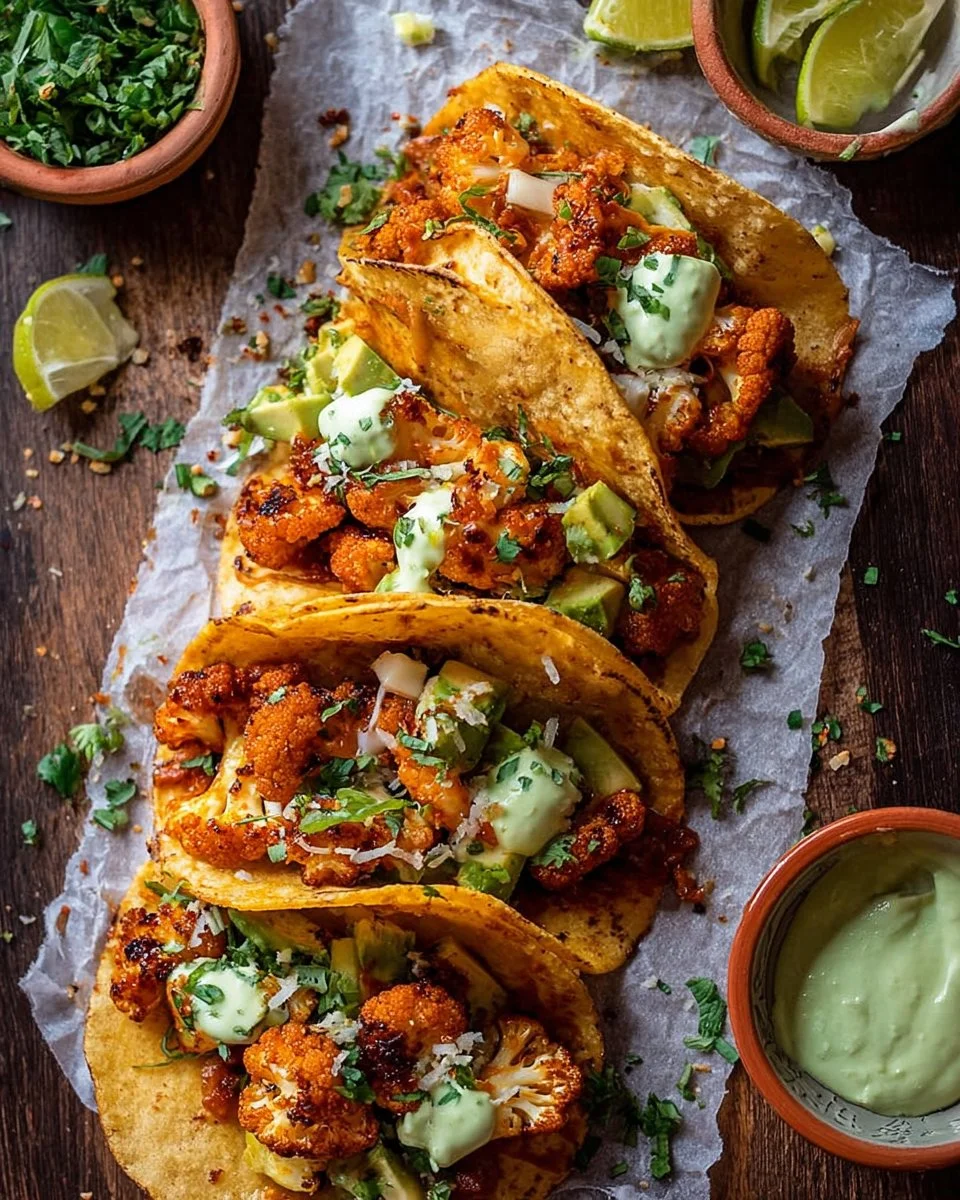 Crispy Cauliflower Tinga Tacos topped with Honey Lime Avocado Crema