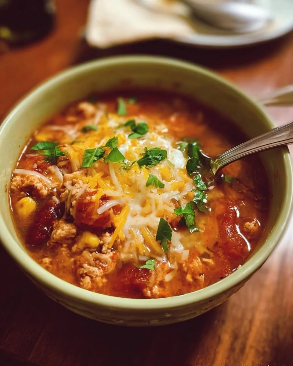 Bowl of Crockpot Ground Turkey Tortilla Soup garnished with tortilla strips