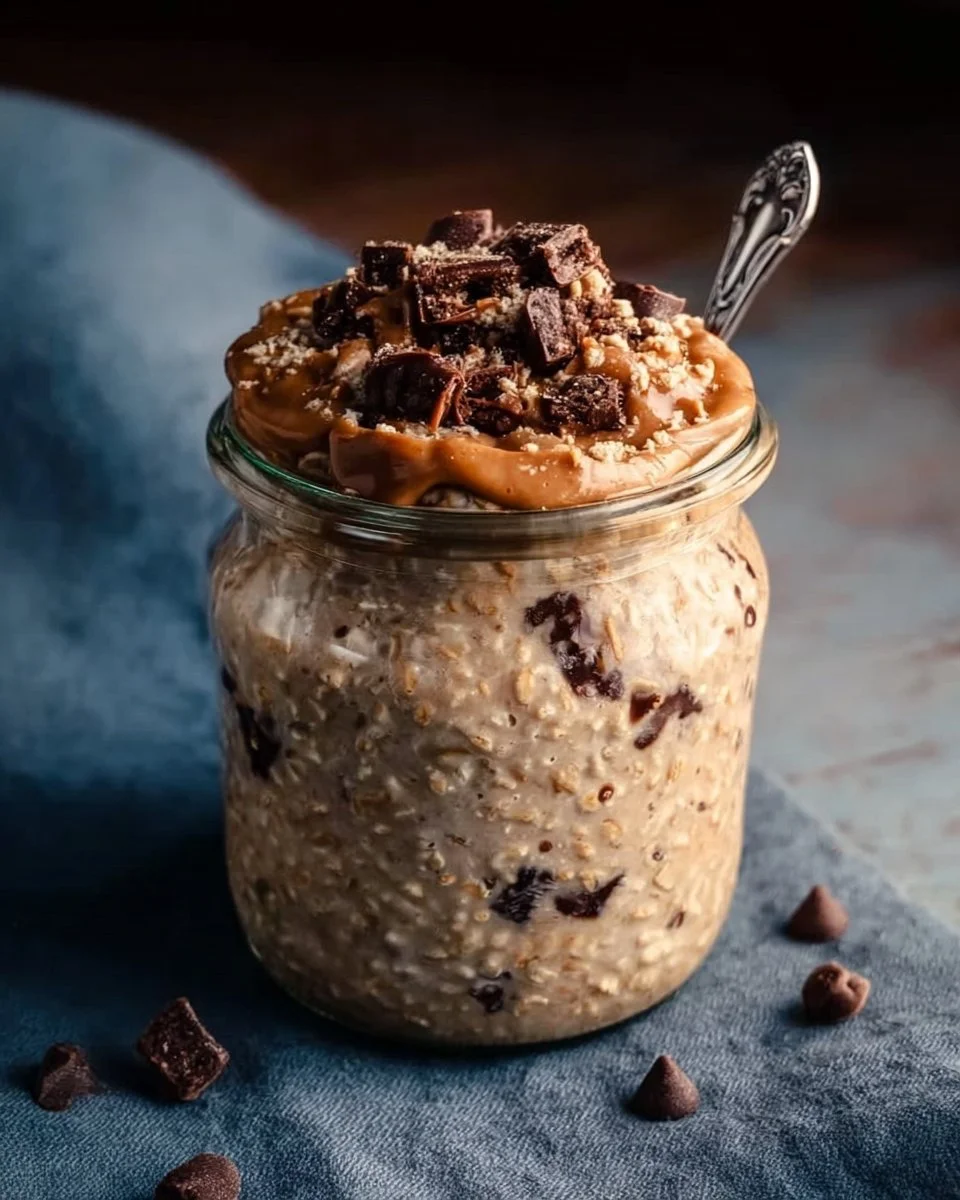 Decadent cookie dough overnight oats topped with chocolate chips and nuts.