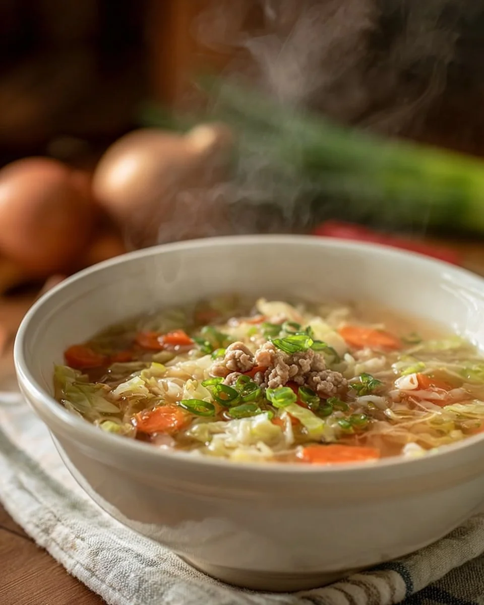 Bowl of deconstructed egg roll soup with fresh vegetables and broth