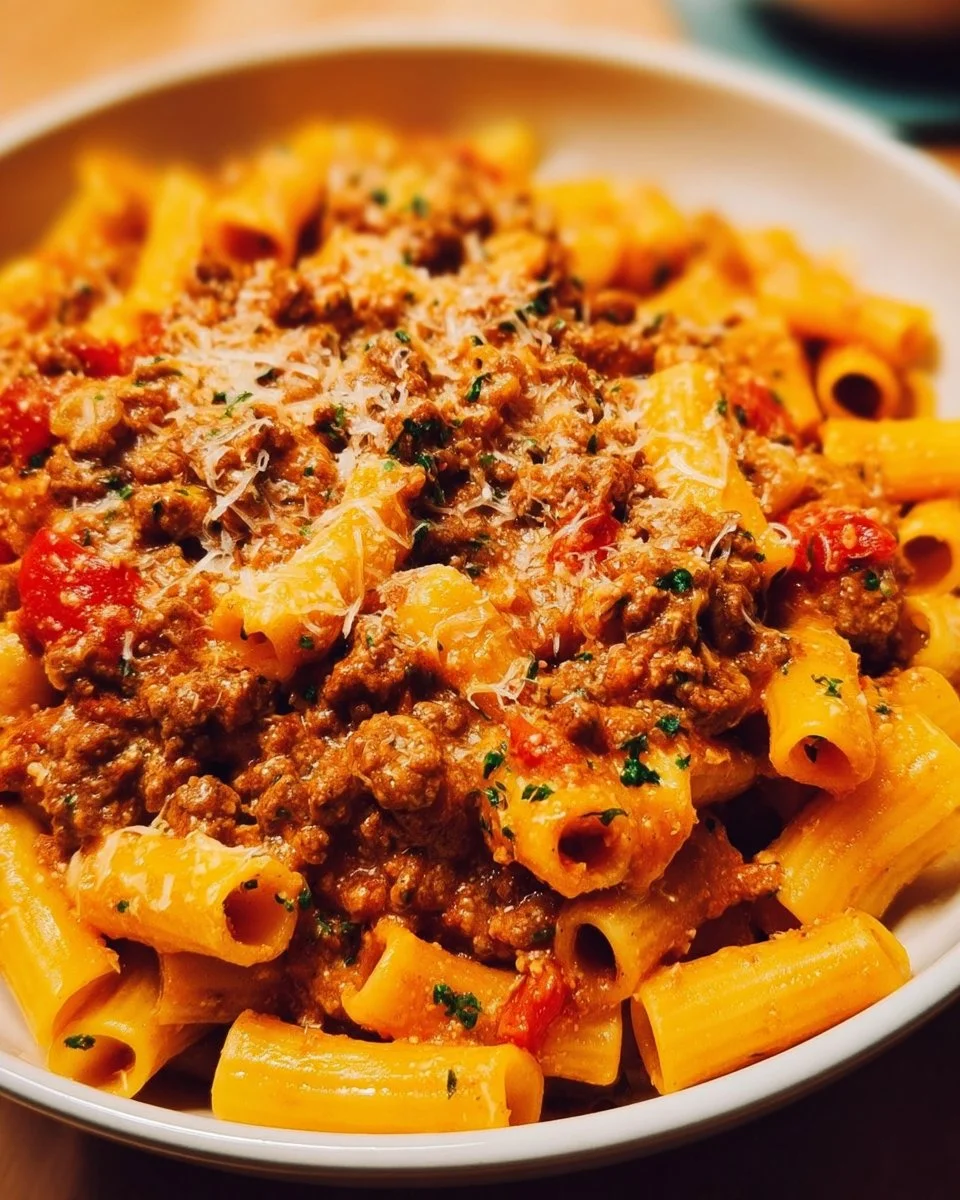 A bowl of delicious Rotel Pasta with Ground Beef topped with fresh cilantro.
