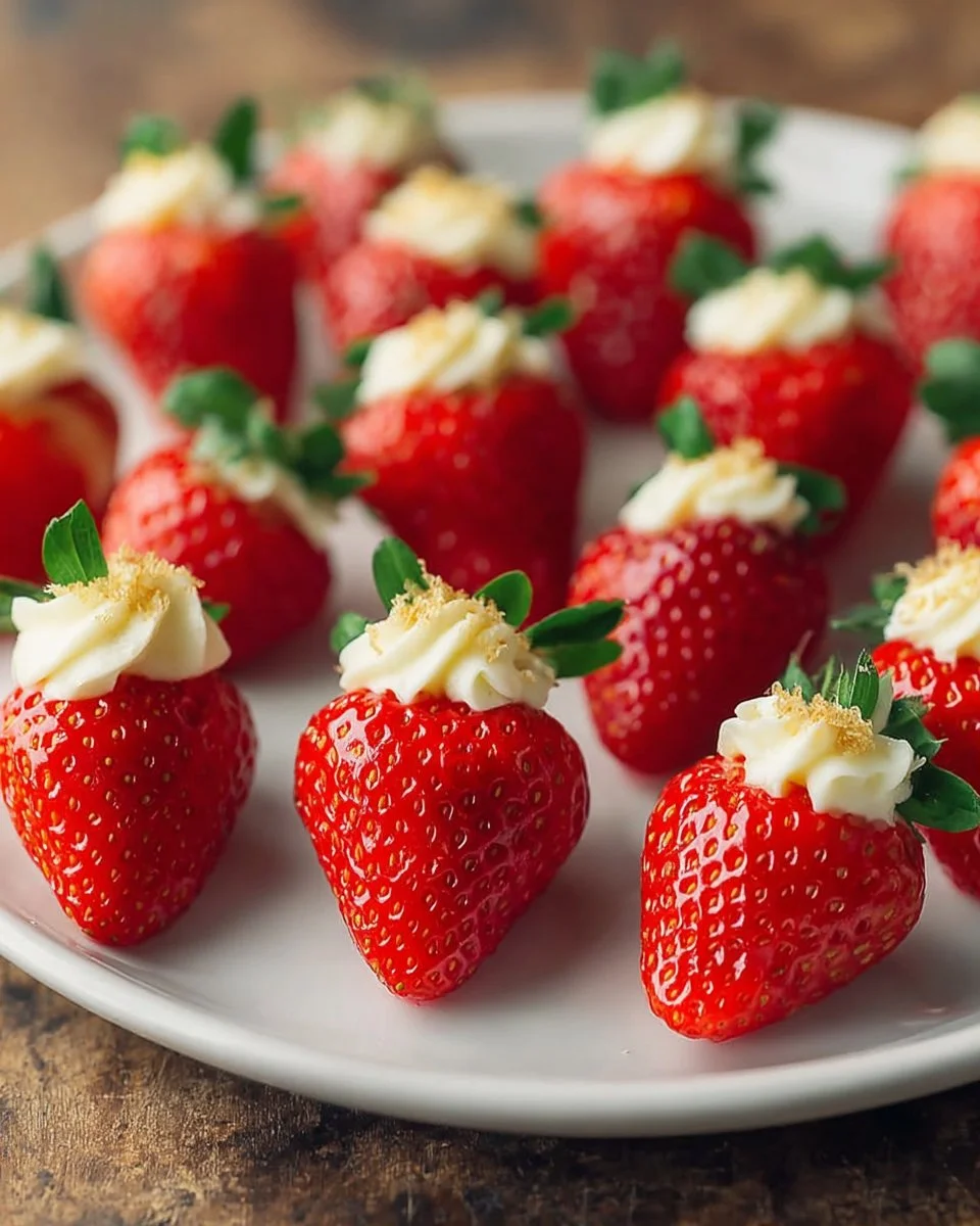 Delicious deviled strawberries arranged on a plate, perfect no-bake dessert.