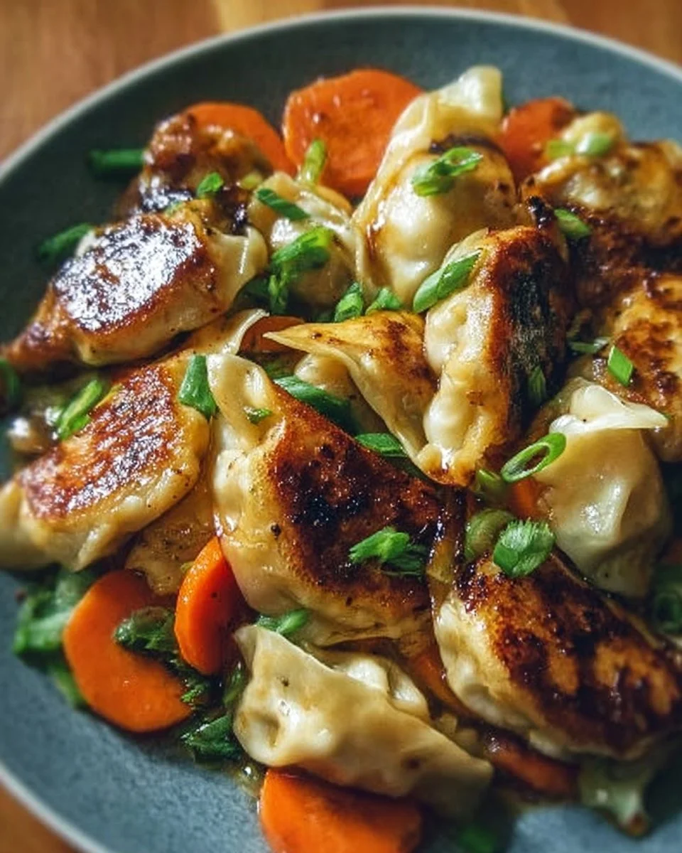 Delicious easy potsticker stir fry with crispy potstickers and fresh vegetables