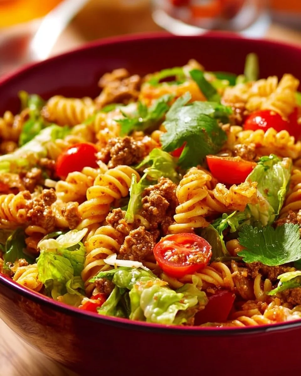 Bowl of easy taco pasta salad with colorful ingredients and toppings.