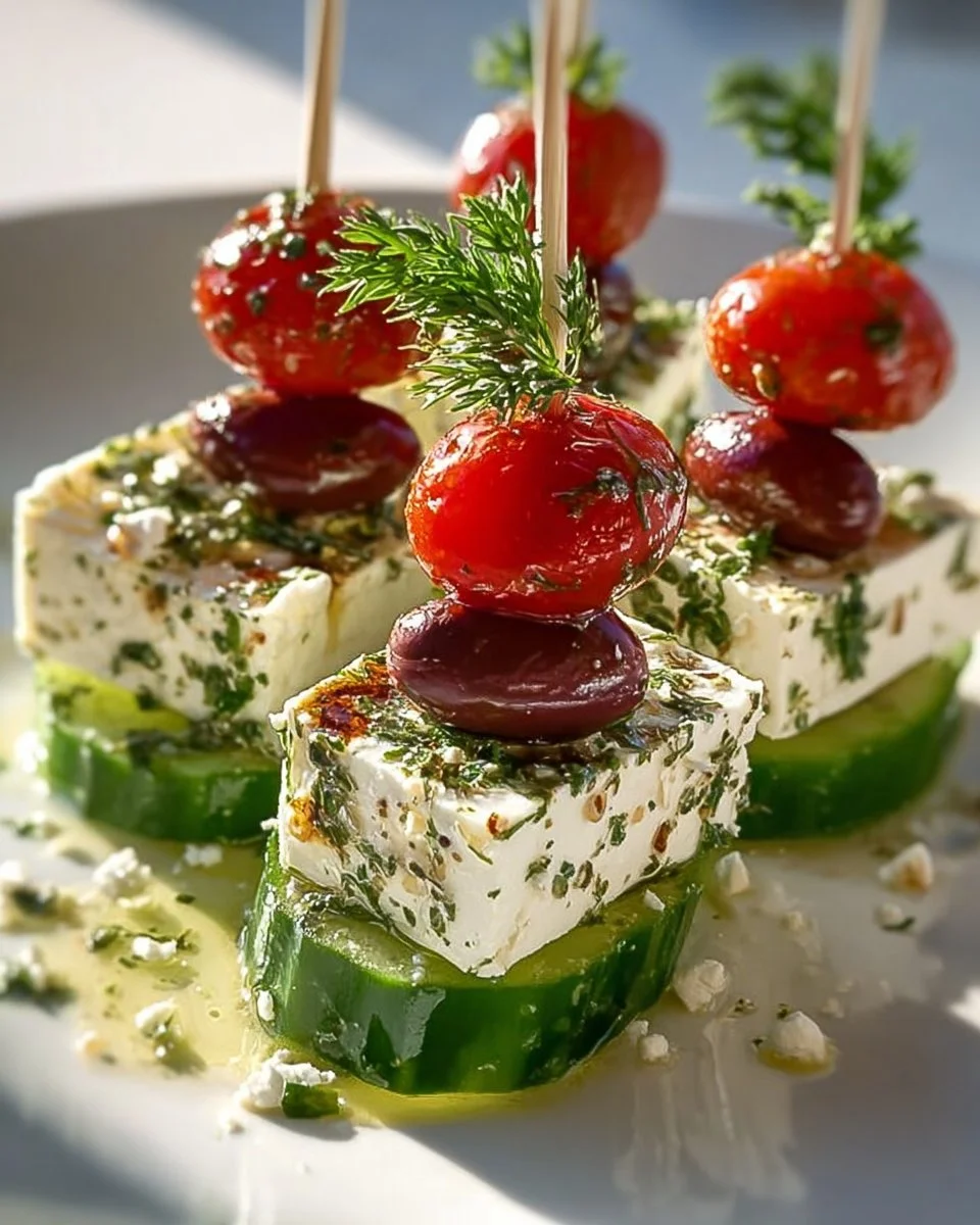 Delicious feta skewers with cucumber served on a platter.