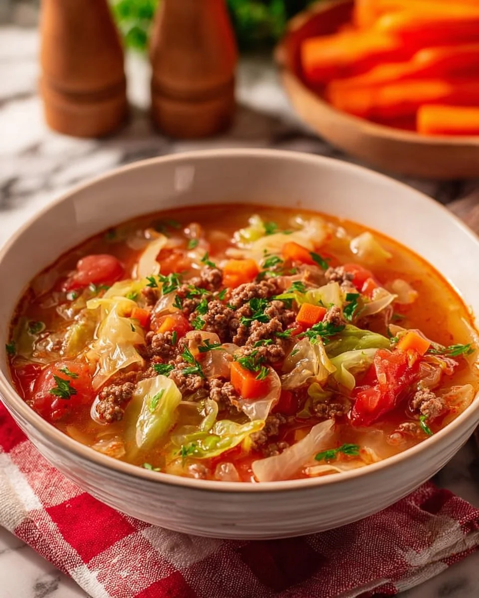 Bowl of Filling Ground Beef and Cabbage Soup with fresh herbs