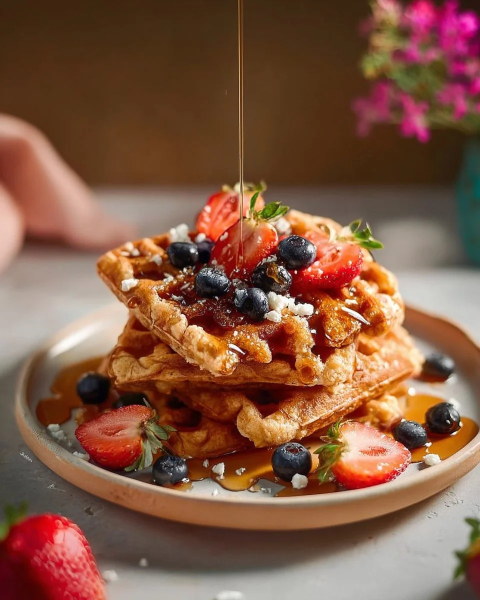 Flourless cottage cheese waffles served with fresh fruit and syrup