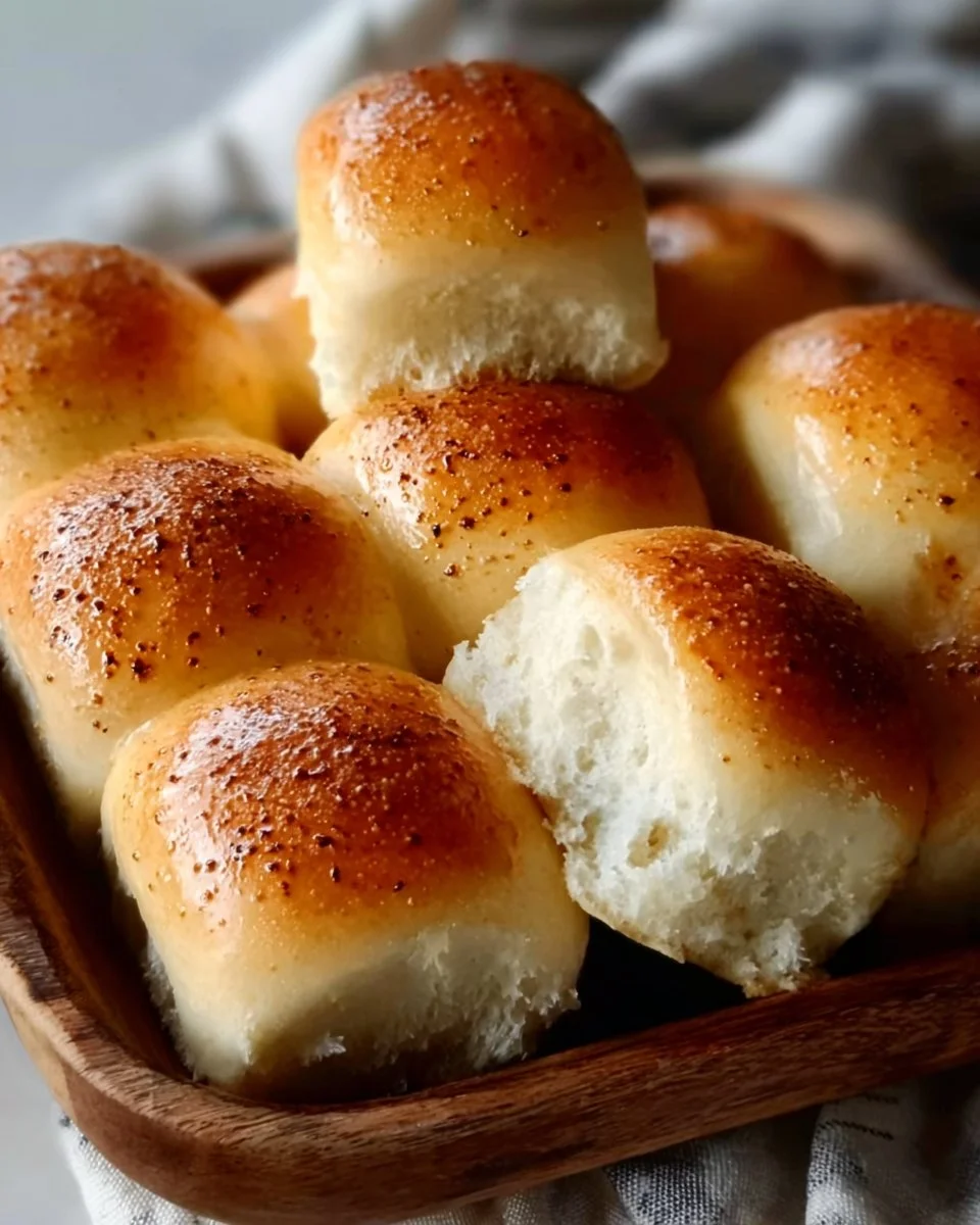 Fluffy sourdough discard dinner rolls on a wooden table.