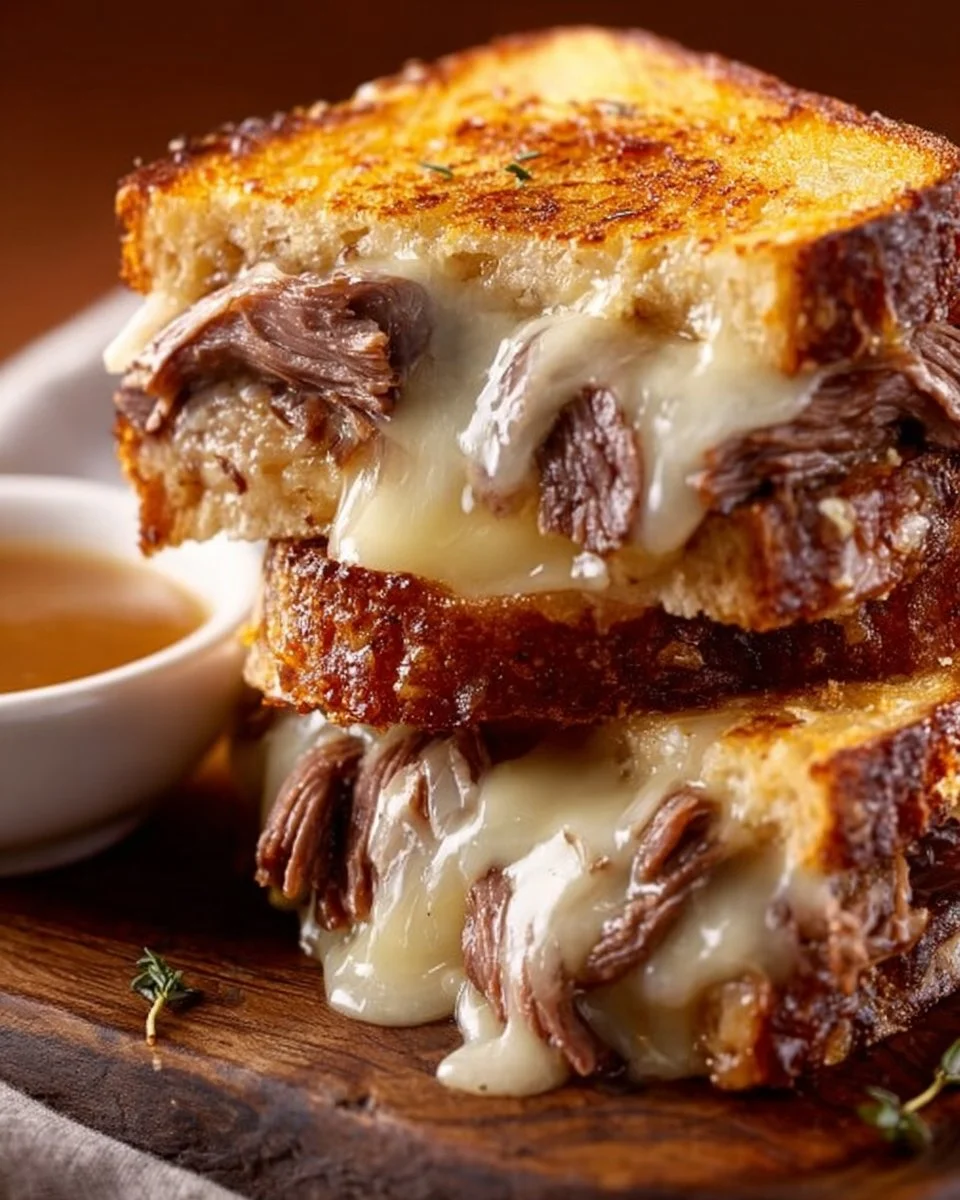 Delicious French Dip Grilled Cheese sandwich served with au jus for dipping