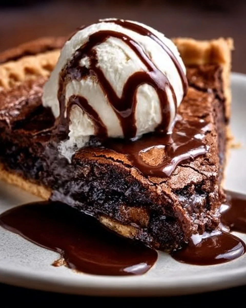 Delicious fudge brownie pie with a rich chocolate filling and a flaky crust