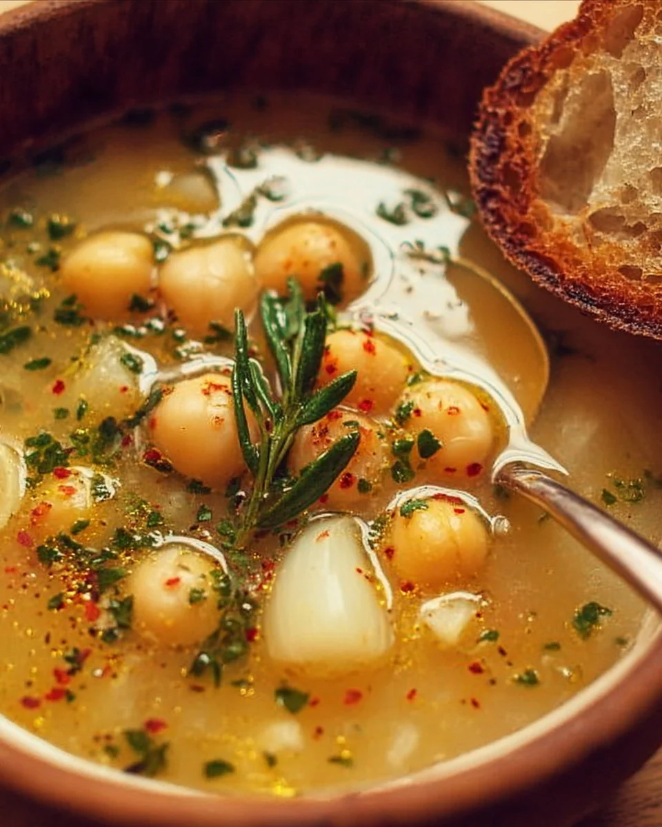 Delicious bowl of Garlic Chickpea Soup garnished with herbs and spices