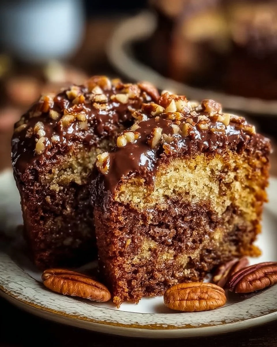 Sliced German Chocolate Pecan Pound Cake on a rustic wooden table