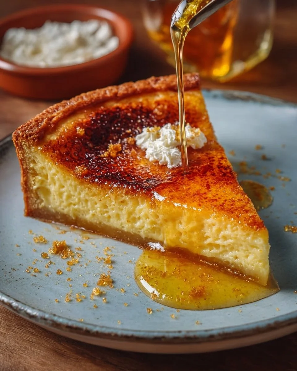 Slice of Greek Honey Pie (Melopita) garnished with honey and nuts