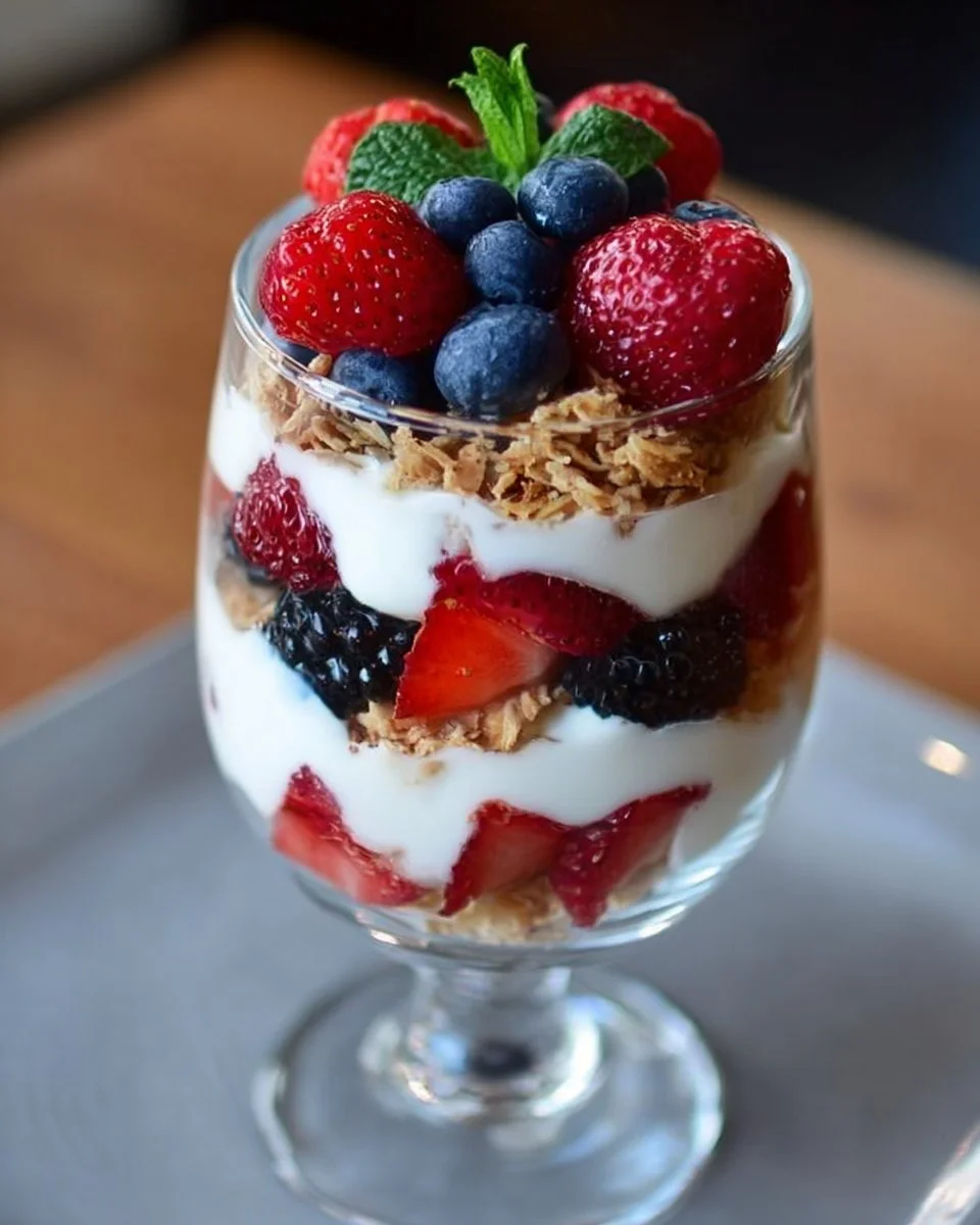Delicious Greek Yogurt Berry Parfait with fresh berries and honey
