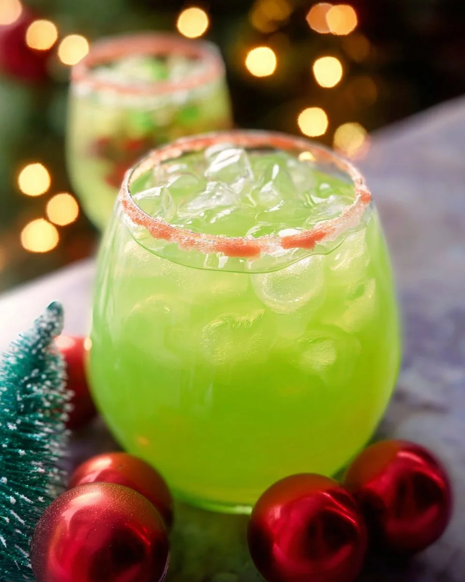 Festive Grinch Punch served in a holiday-themed glass.