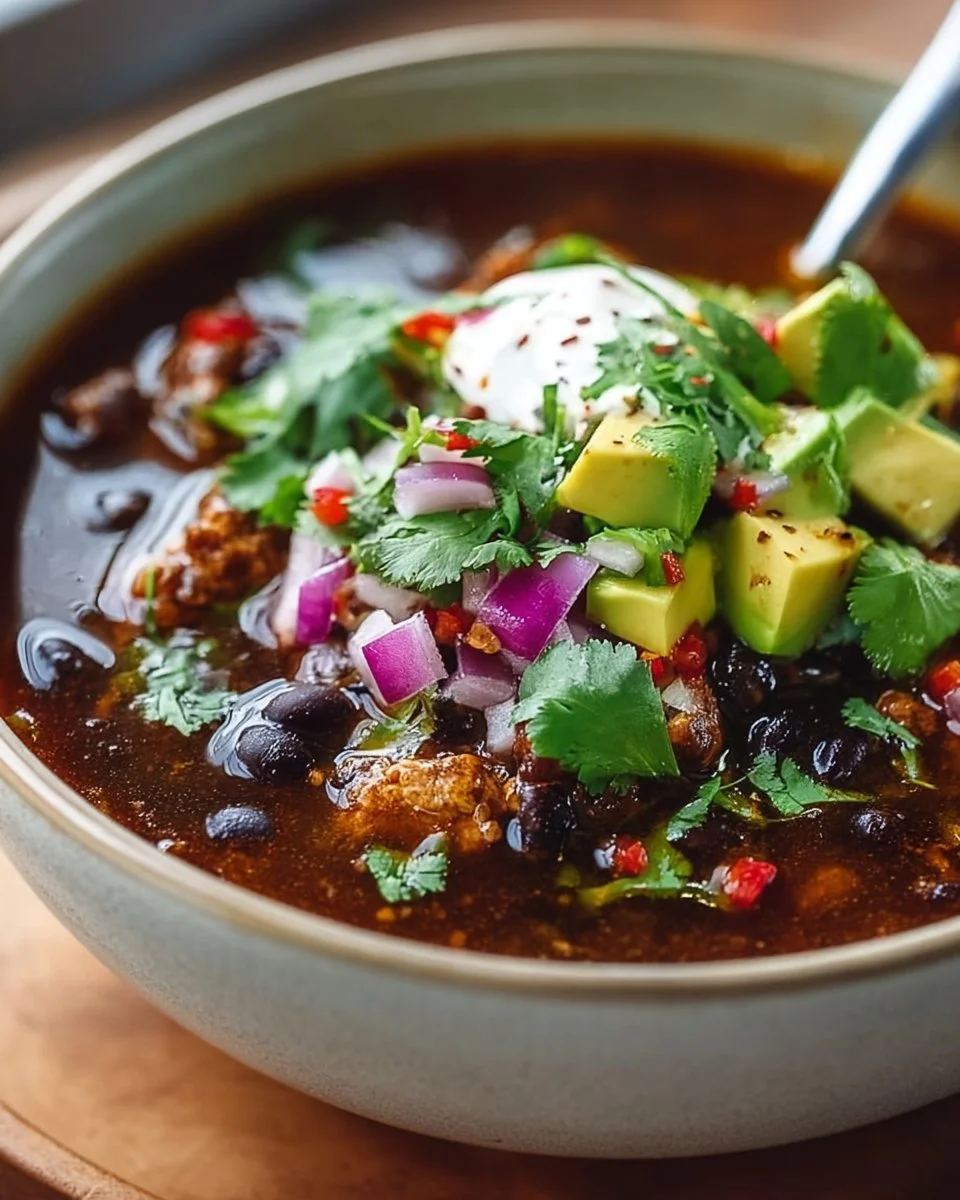 Bowl of hearty ground turkey and black bean soup topped with cilantro