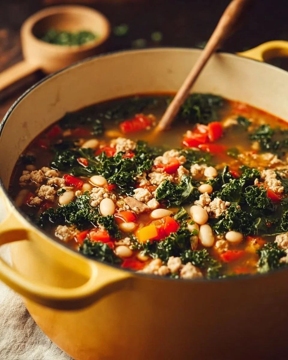 Bowl of ground turkey soup with white beans and kale, healthy comfort food