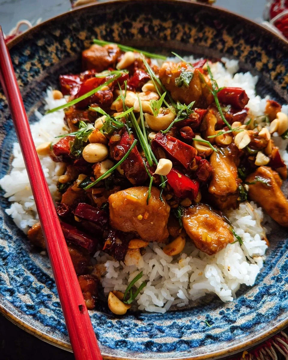 A plate of healthier Kung Pao Chicken with colorful vegetables and peanuts