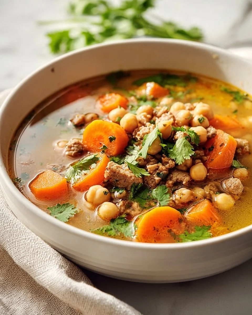 Bowl of healthy Turkey Chickpea Soup garnished with herbs and spices