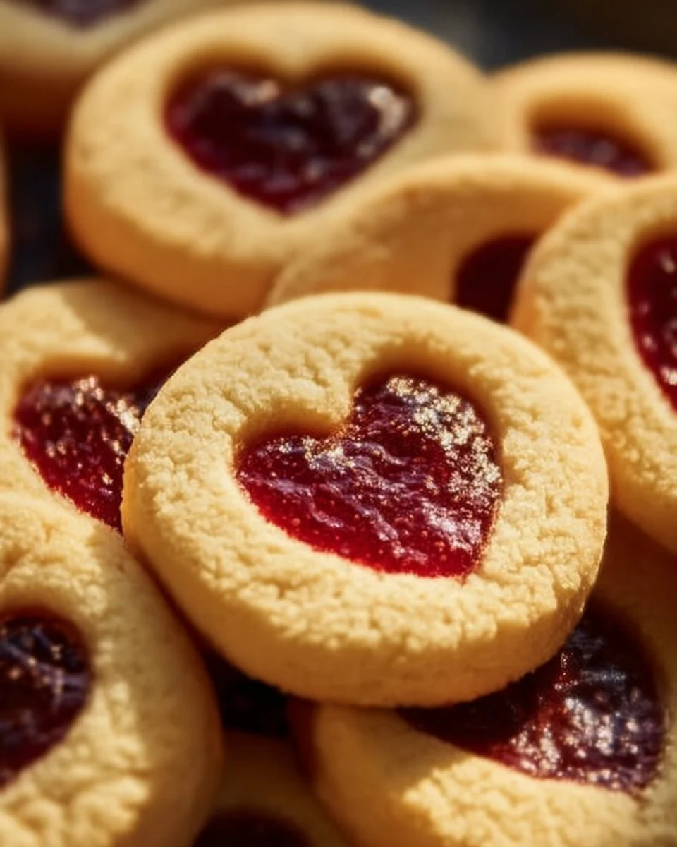Freshly baked Heart Jam Cookies with colorful jam filling