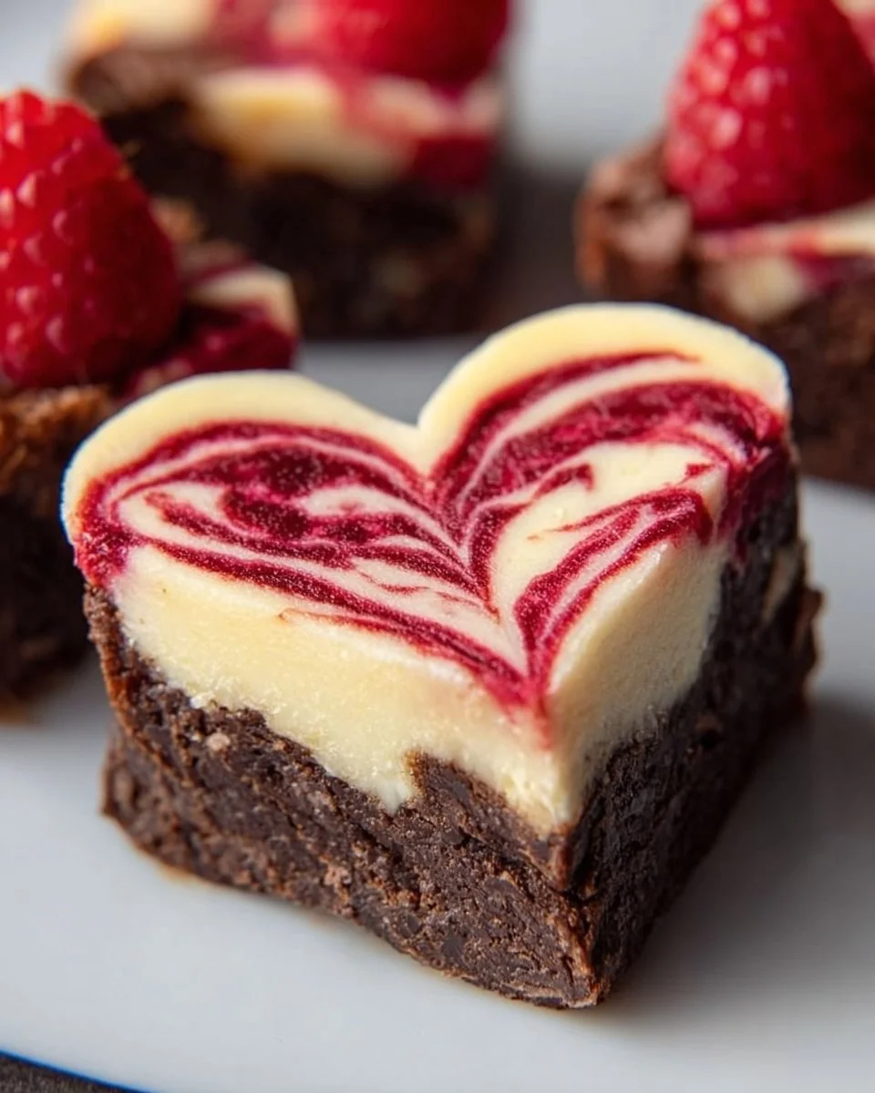 Heart-shaped brownies topped with raspberry swirl and cheesecake