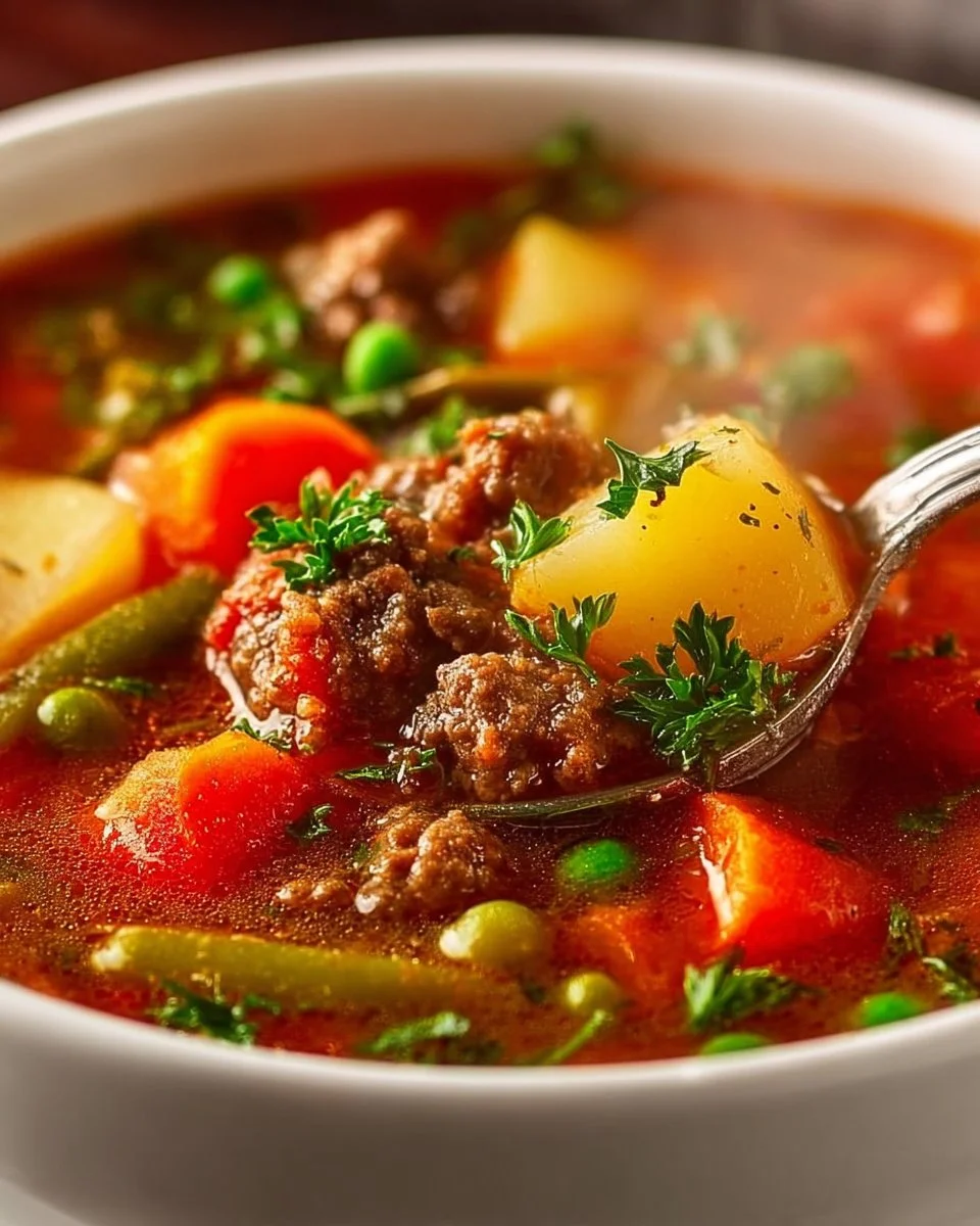 A bowl of hearty Crockpot Ground Beef Soup with colorful vegetables and spices.