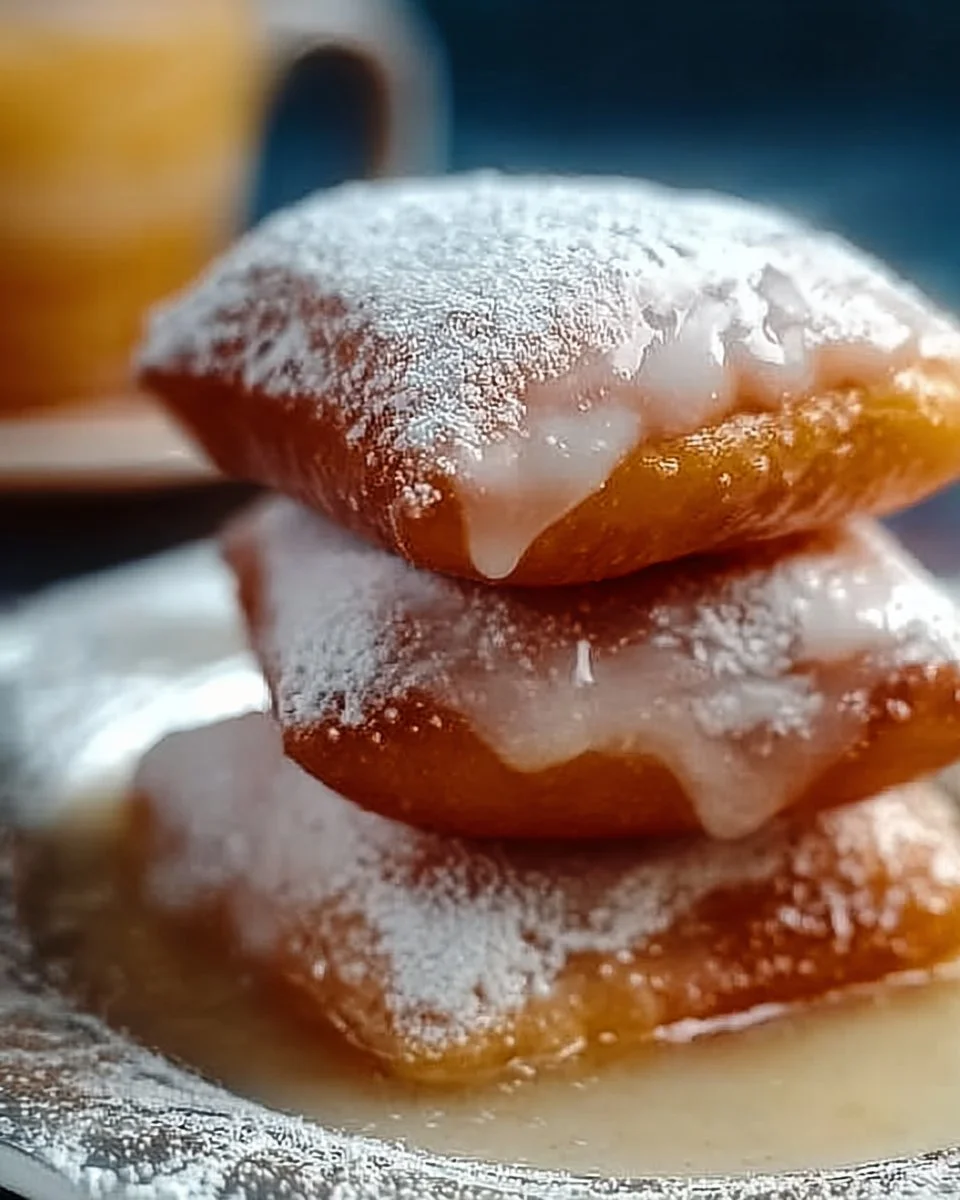 Fluffy buttermilk beignets dusted with powdered sugar on a plate