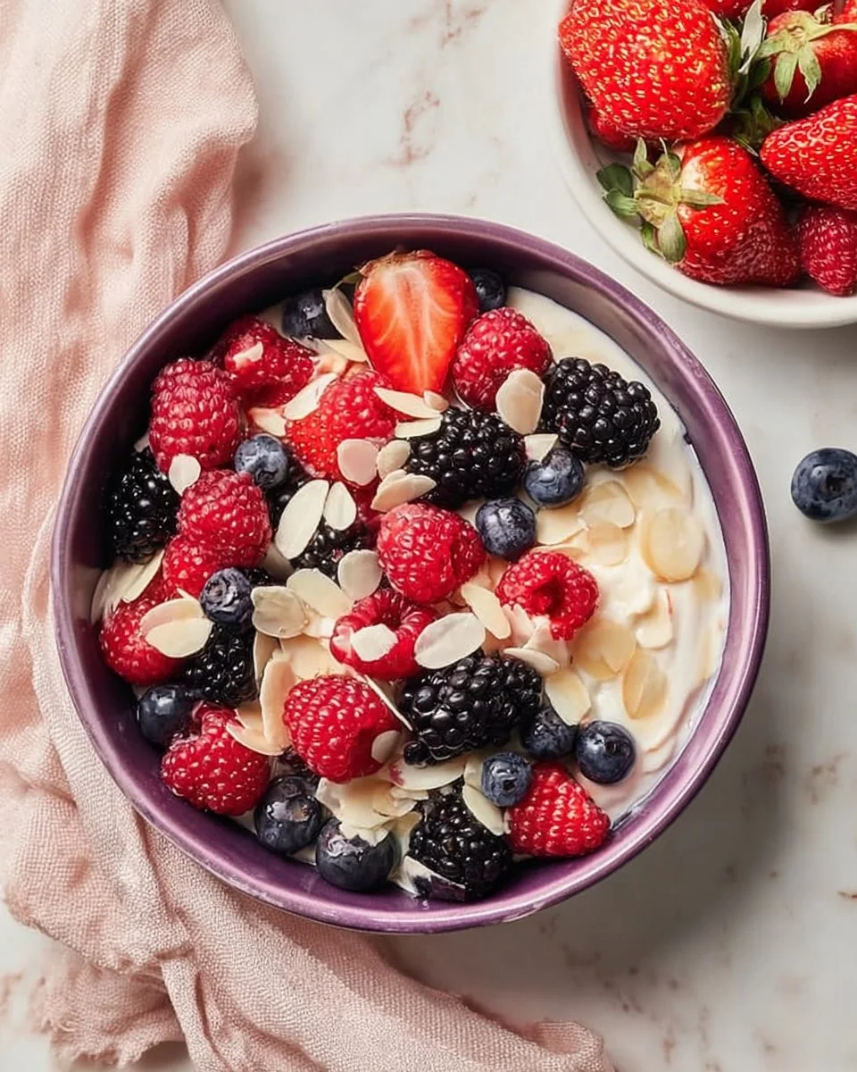 Delicious homemade sweet cottage cheese bowl topped with fresh fruit and honey