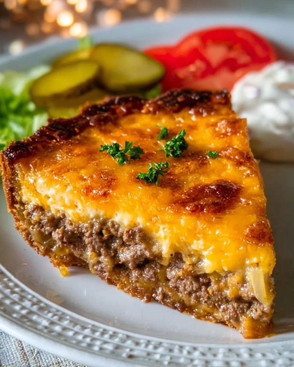 Homestyle Cheeseburger Pie served in a dish with toppings