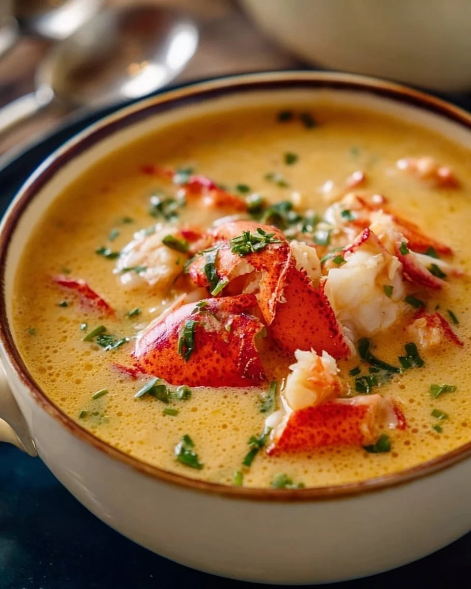 Delicious bowl of homestyle lobster chowder with fresh lobster and herbs
