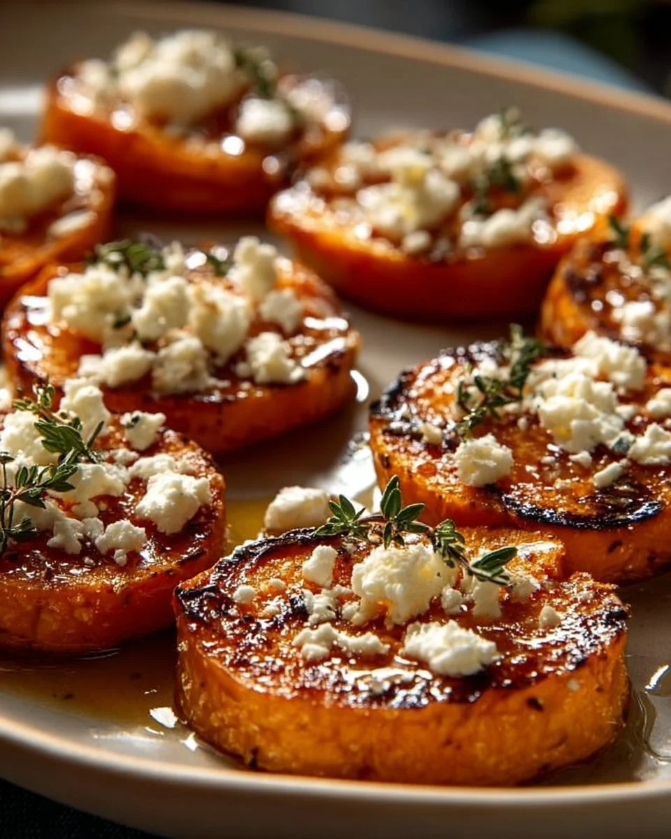 Delicious Honey Feta Sweet Potato Rounds garnished with herbs