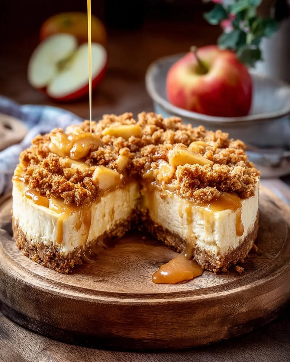 Delicious apple crumble cheesecake with a crispy topping and creamy filling