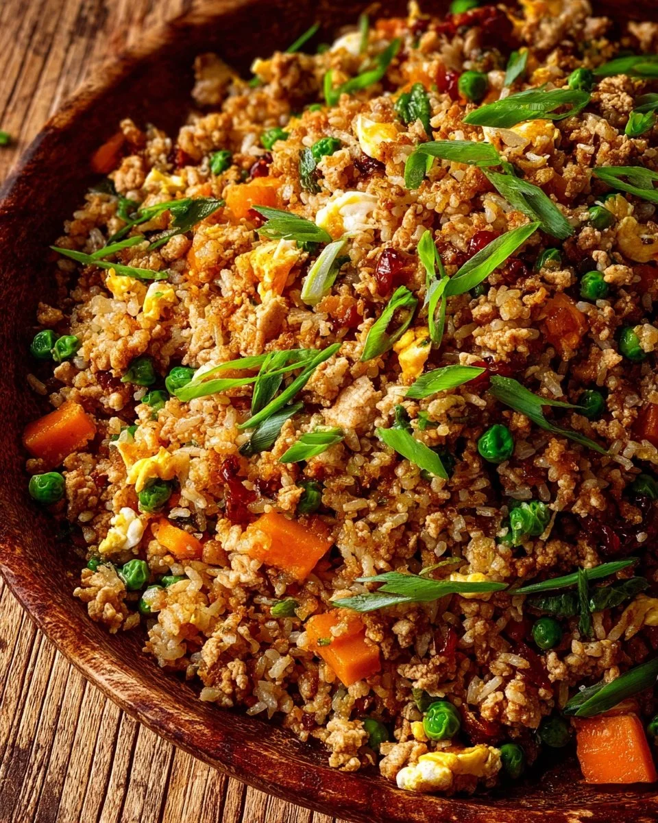 Delicious ground turkey fried rice bowl with vegetables