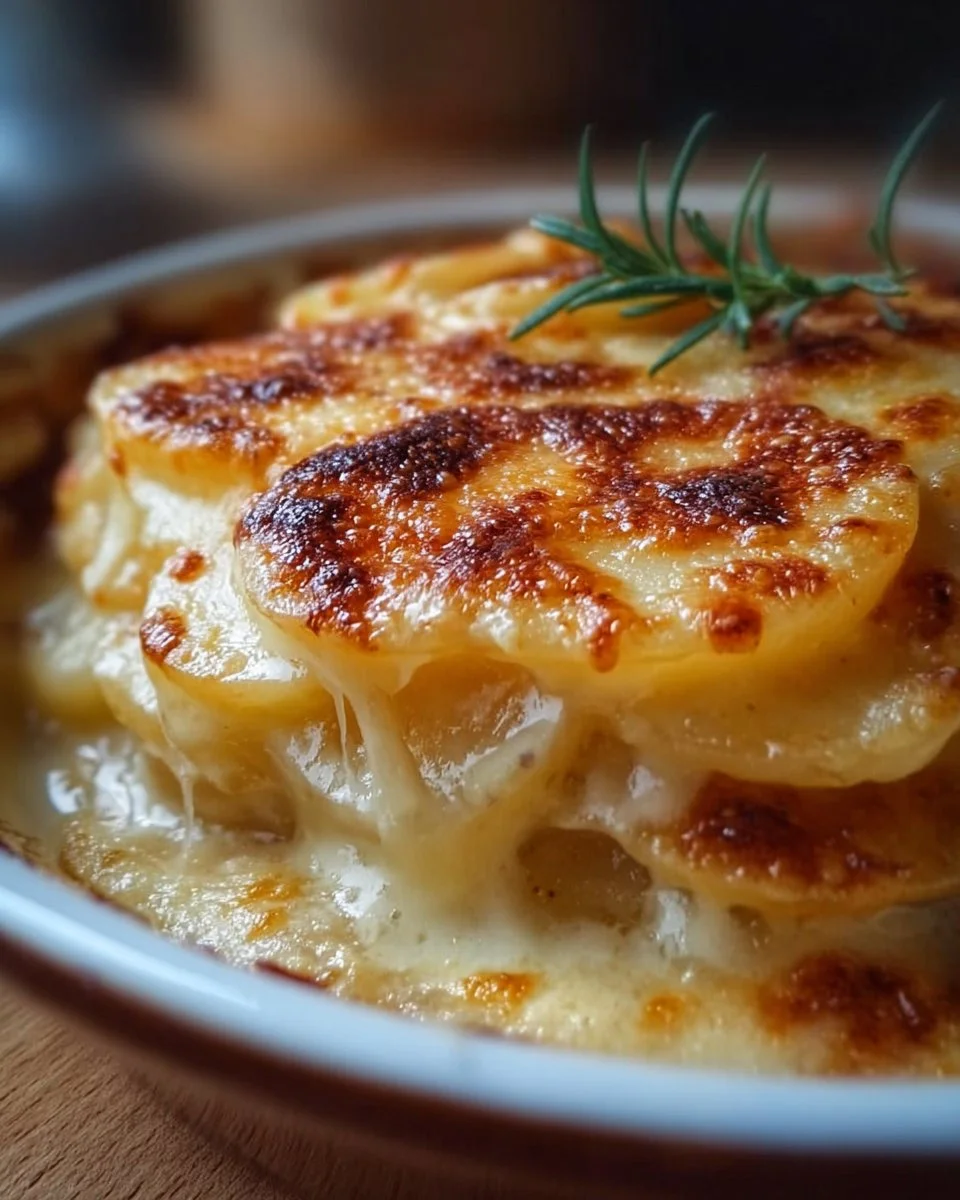 Creamy cheesy scalloped potatoes baked to perfection, ready to delight your taste buds.