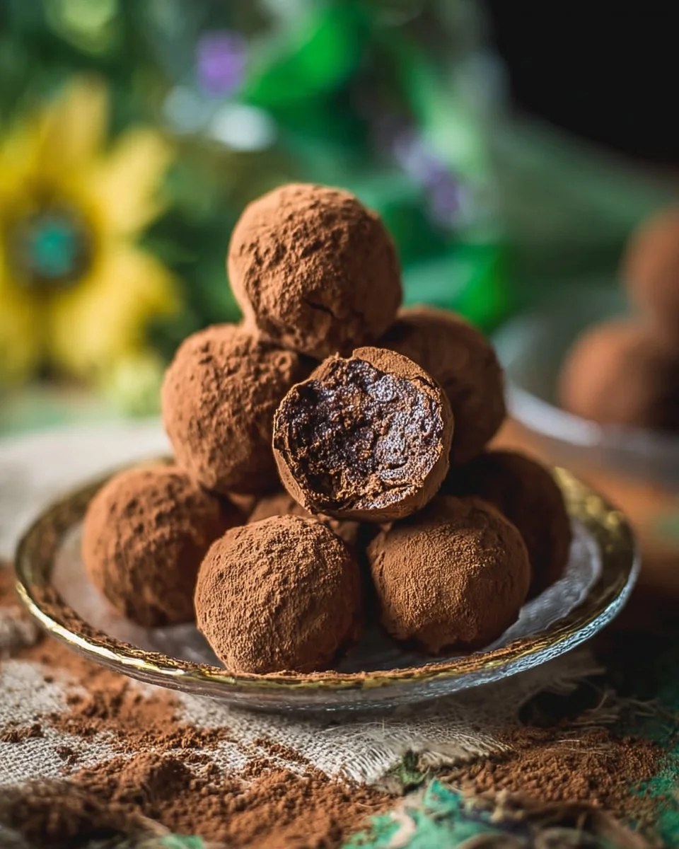 Delicious homemade chocolate truffles decorated with cocoa powder and nuts.