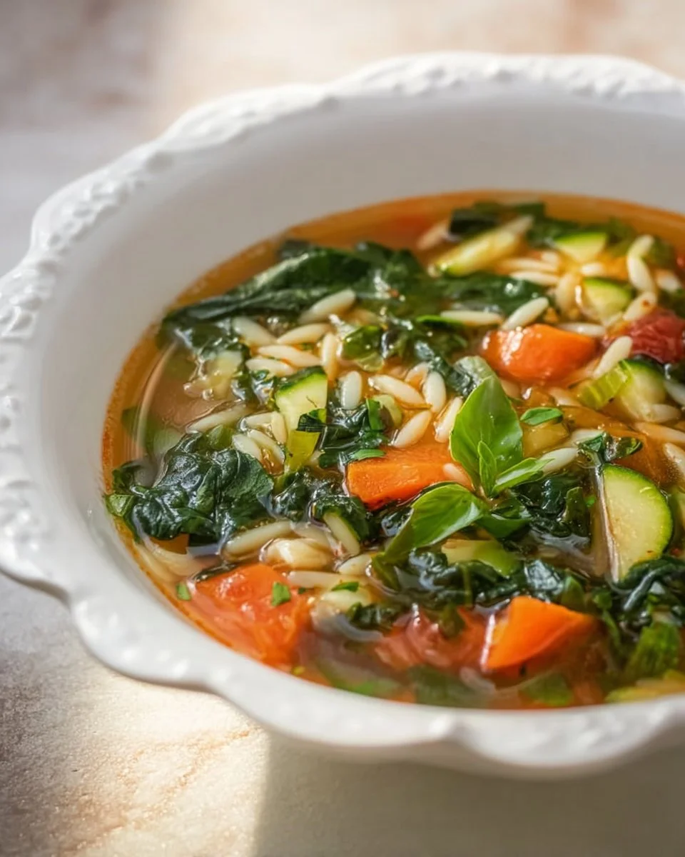 A bowl of Italian vegetable orzo soup with fresh vegetables and herbs