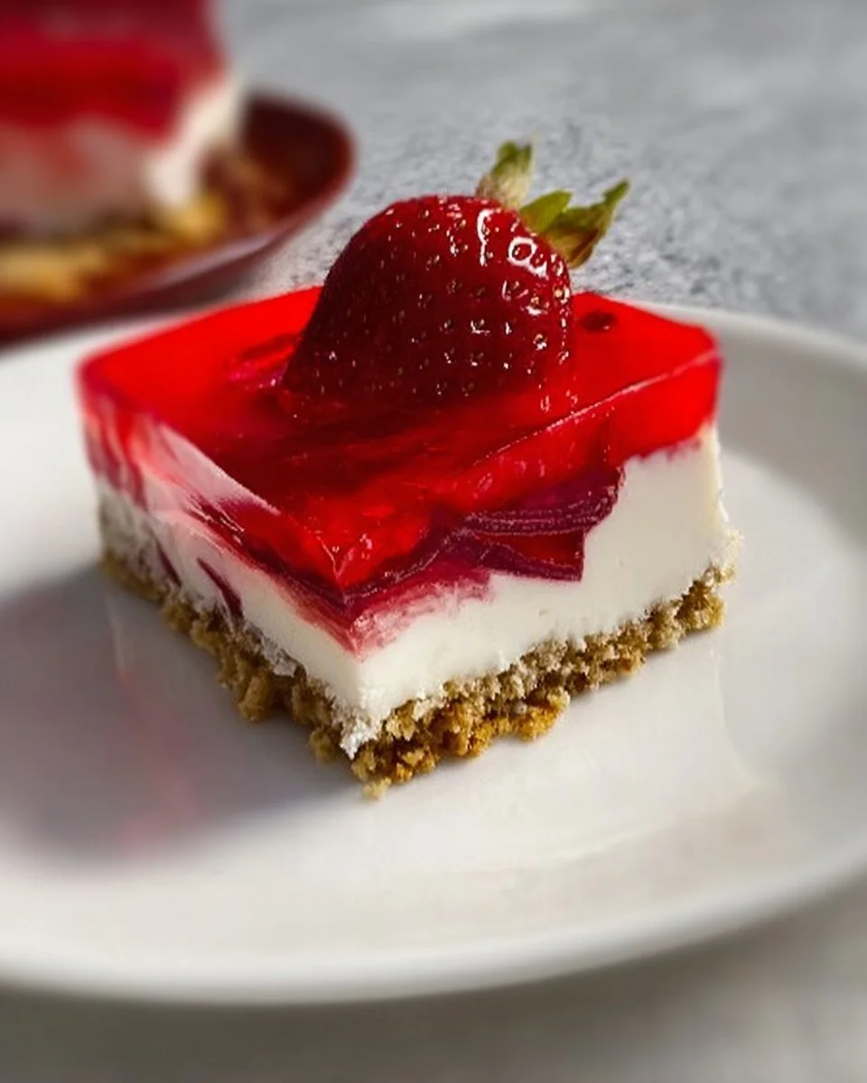 Layered strawberry pretzel salad with cream cheese served in a glass dish