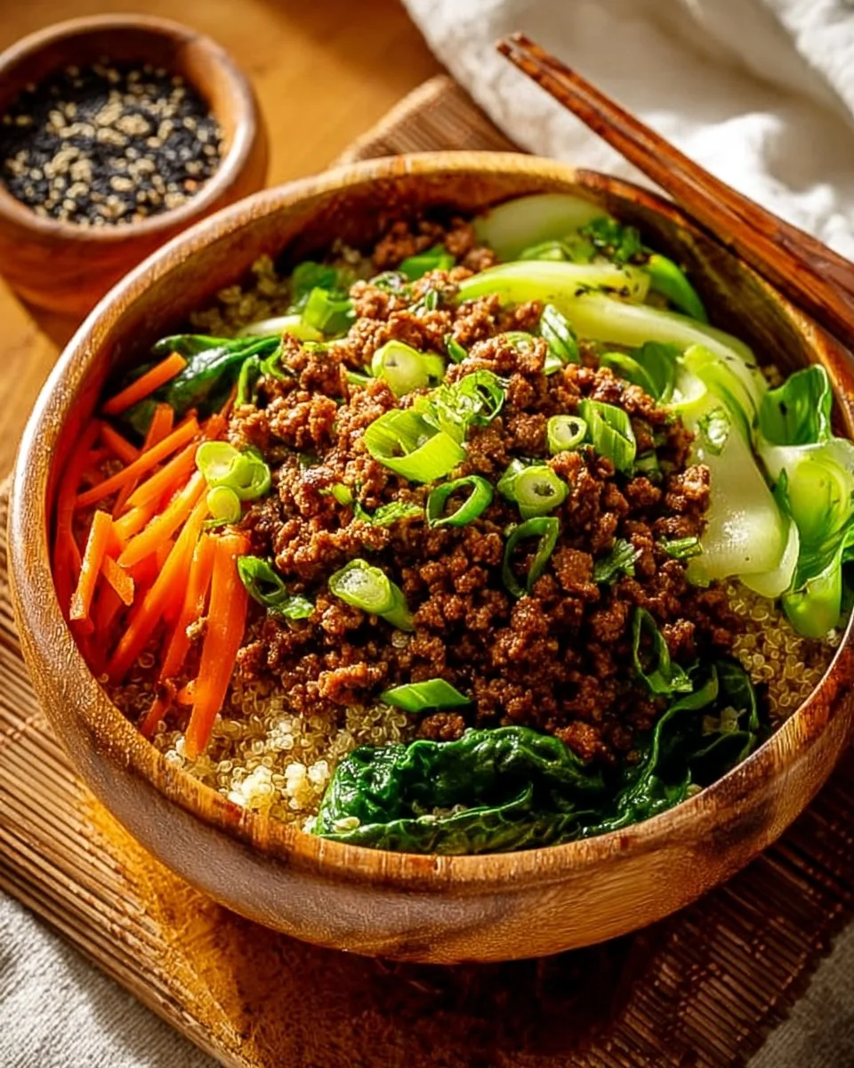 Low-carb ground turkey egg roll bowl with colorful vegetables and seasonings