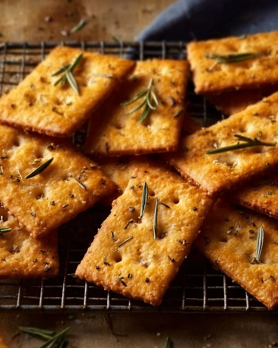 Baked homemade crackers arranged on a wooden platter with toppings
